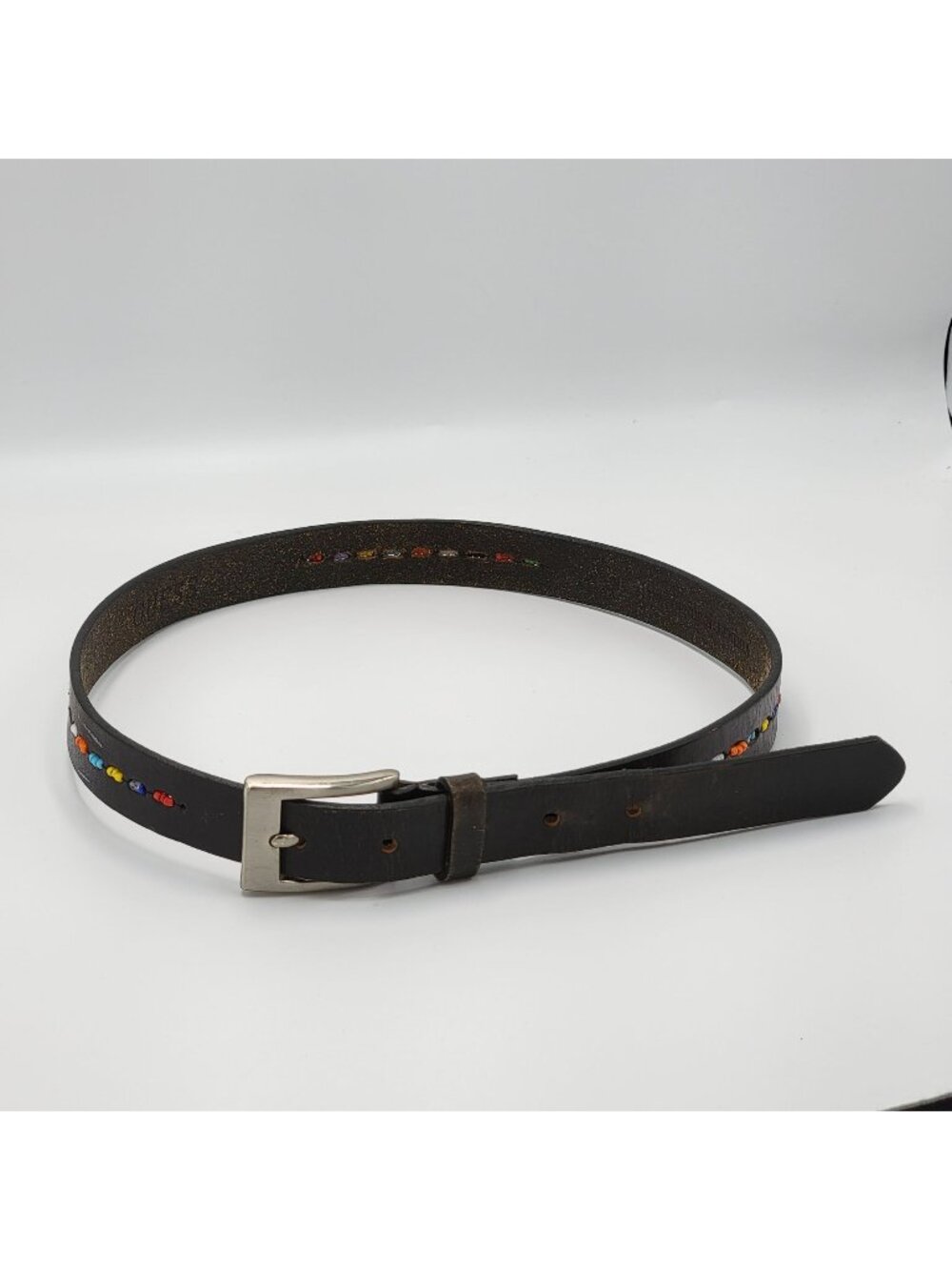 Vintage Boho Black Leather Belt With Multicolor Beaded Design